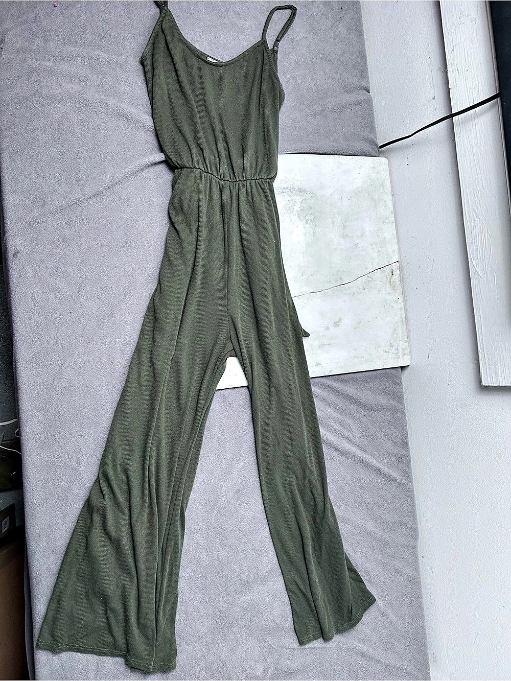Pixley Olive Ribbed Wide Leg Jumpsuit stretch fabric
